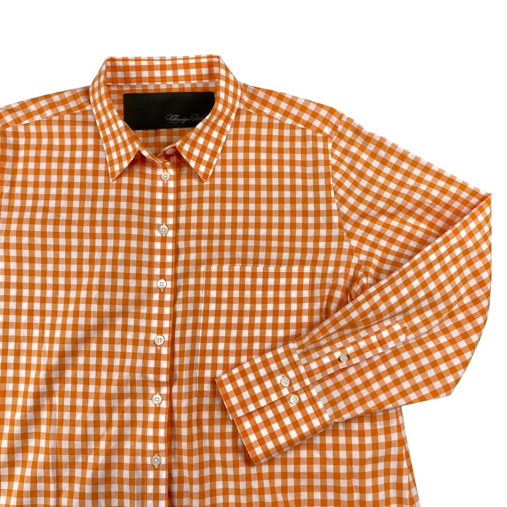 Claridge King Womens XL Orange White Gingham Cotton Button Up Shirt Long Sleeve